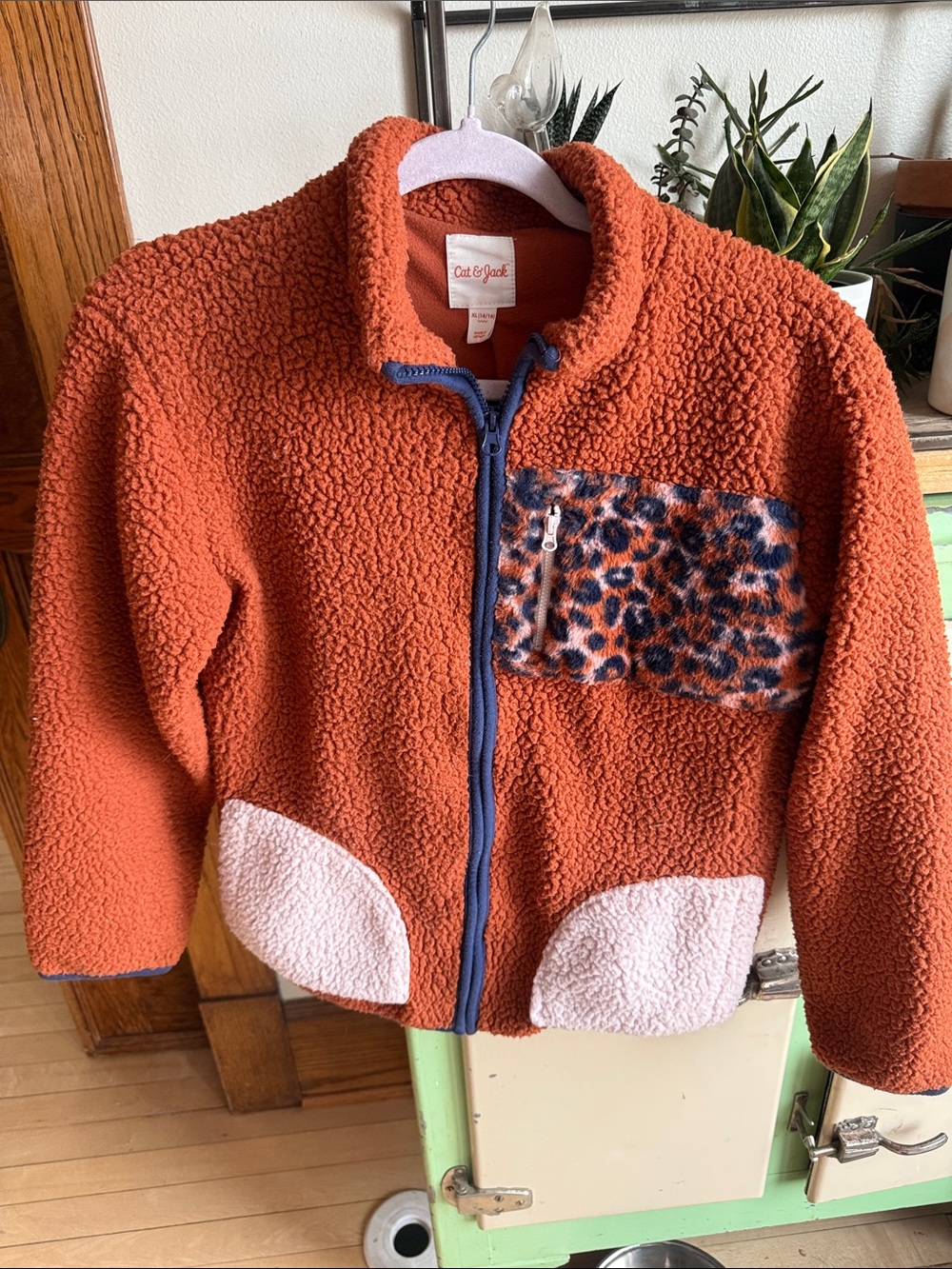 Cat & Jack Rust Orange Sherpa Jacket with Pink Pockets and Leopard Patch